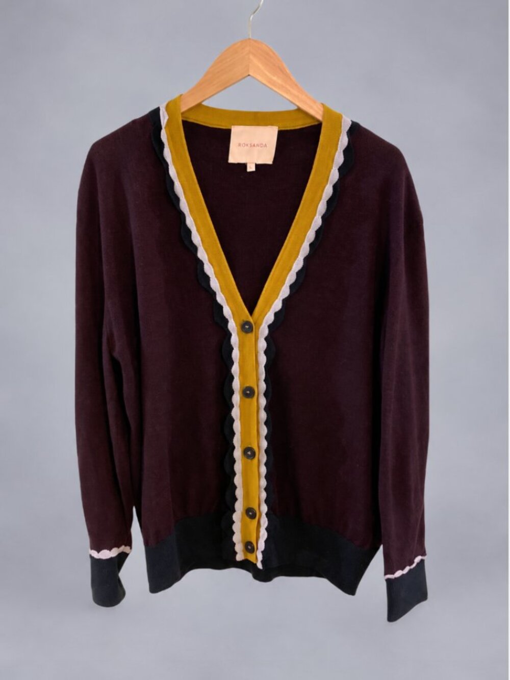 Roksanda Heddon Scalloped Wool Cardigan Purple Colorblock Size L